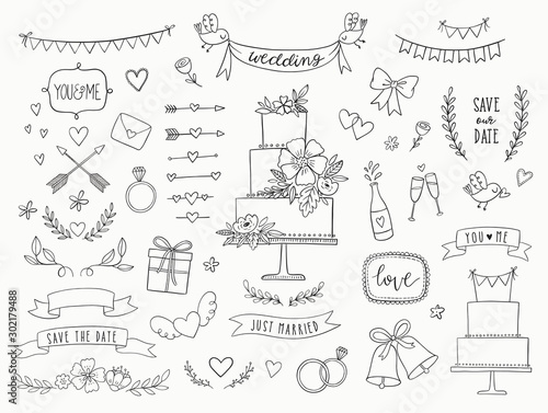 Hand drawn doodle wedding collection. Vector wedding icons, illustrations and design elements for invitations, greeting cards, posters. Arrows, hearts, laurel, wreaths, ribbons, flowers, banners.