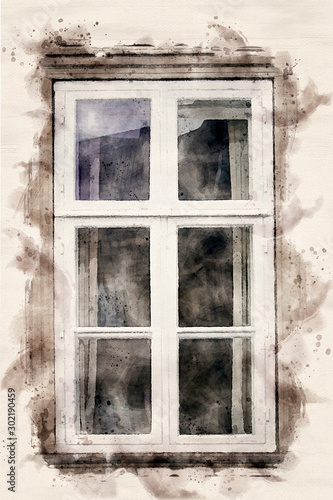 Watercolor painting of old white transom window