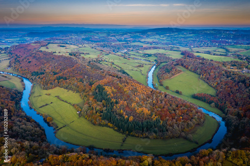 Aerial view of the Autumn leaves and colours at River Wye, Symonds Yat, Herefordshire, Midlands, England, UK