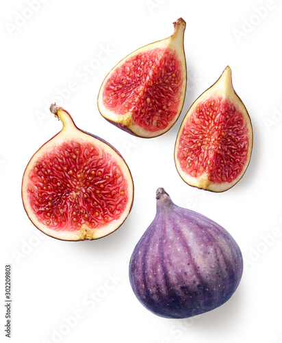 Fresh whole and sliced fig on white background