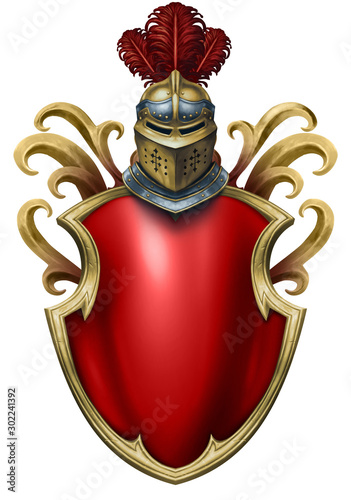 Beautiful fantasy heraldic shield with ornate helmet