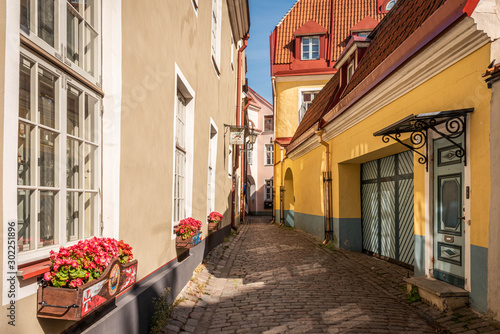 View of the medieval, cobbled, historic street in Old Town Estonia.