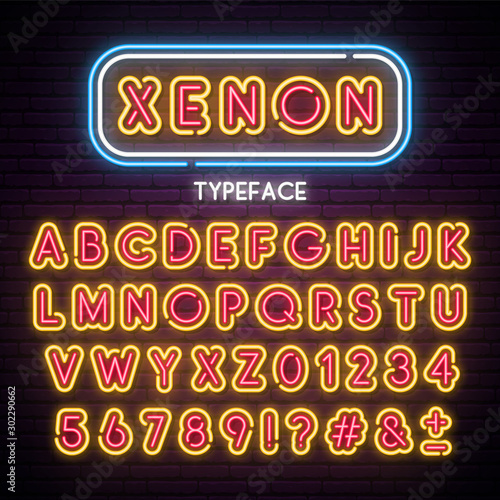 Neon light alphabet. Vector retro font. Type letters, numbers and punctuation marks.