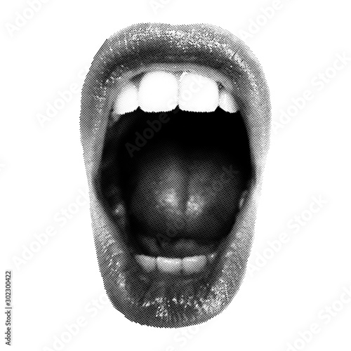 Wide open Halftone Female Mouth. Front view