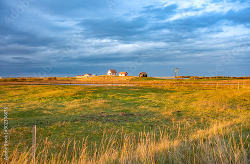 Old farm and meadow in Iceland on sunrise. Typical icelandic landscape.