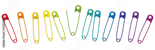 Colorful safety pins. Set of 12 rainbow colored baby pins in a row. Isolated vector illustration on white background.