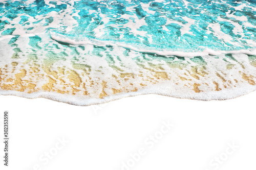 Blue sea wave tide pattern on white background isolated closeup top view, turquoise ocean water surf texture, summer holidays frame border, tropical vacation backdrop, travel banner design, copy space