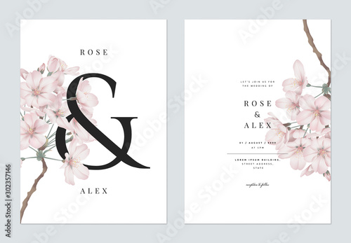 Floral wedding invitation card template design, Somei Yoshino sakura flowers with ampersand lettering on white, pastel vintage theme