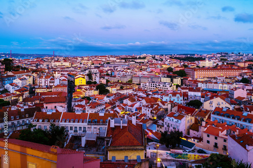 Aerial view of Lisbon, Portugal in the sunrise with view over old Alfama