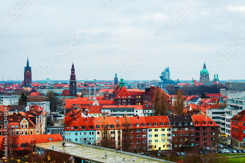 Aerial view of Hanover, Germany skyline during the cloudy morning
