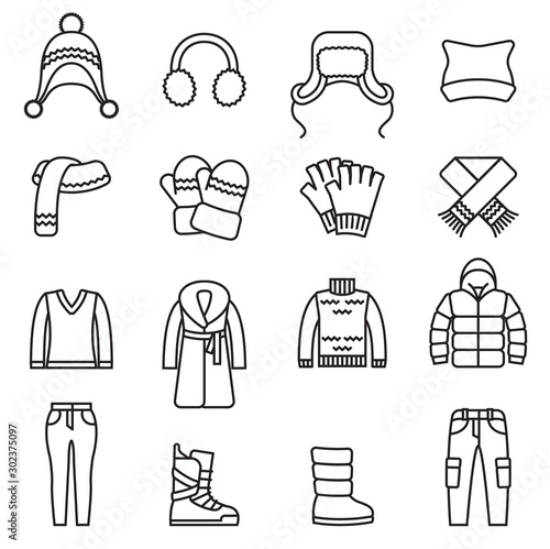 Winter clothes, Warm clothes isolated line icons set with white background. Thin Line Style stock vector.