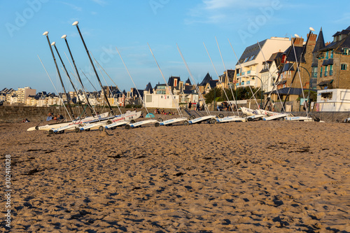 Catamarans and sand yachts on the beach in Saint Malo. Brittany, France