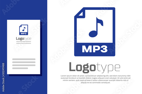 Blue MP3 file document. Download mp3 button icon isolated on white background. Mp3 music format sign. MP3 file symbol. Logo design template element. Vector Illustration