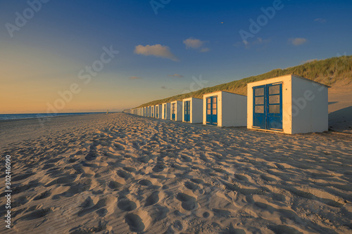 Beach Cabins And High Dunes With Grass At Texel Netherlands