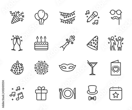 Vector set of party line icons. Contains icons of firework, cake, karaoke, masquerade, champagne and more. Pixel perfect, scalable 24, 48, 96 pixels.