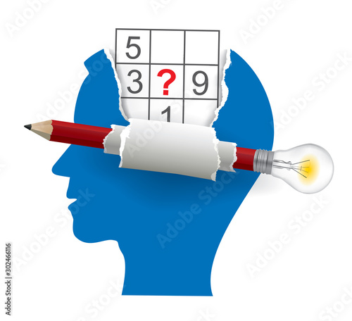  Male head with sudoku and smart Pencil with bulb. Stylized male head silhouettes of sudoku player. Vector available.