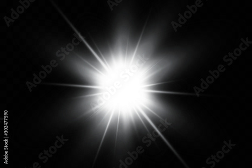 White glowing light explodes on a transparent background. Sparkling magical dust particles. Bright Star. Transparent shining sun, bright flash. Vector sparkles. To center a bright flash