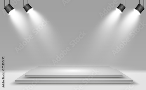Realistic 3d Light Box with platform background for design performance, show, exhibition. Vector illustration of Lightbox Studio Interior. Podium with spotlights.