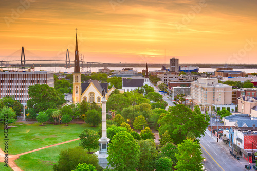 Charleston, South Carolina, USA skyline over Marion Square.