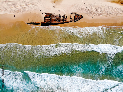 Drone shot of SS Maheno directly over the sea on Fraser Island