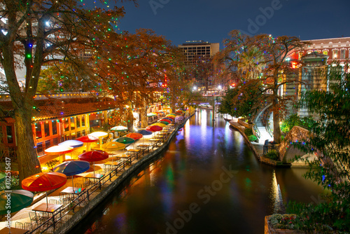 San Antonio River Walk near Alamo between E Crockett St and E Commerce St in downtown San Antonio, Texas, USA.