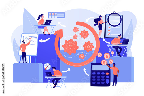 Workforce organization and management. Workflow processes, workflow process design and automation, boost your office productivity concept. Pink coral blue vector isolated illustration
