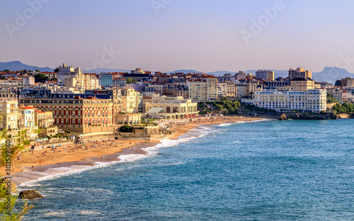 Biarritz, the famous resort in France. Panoramic view of the city and the beaches. Golden Hour. Holidays in France.