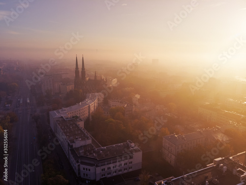 Cathedral parish of St. Archangel Michael and Saint. Florian Martyr and Prague Hospital in Warsaw aerial view at dawn