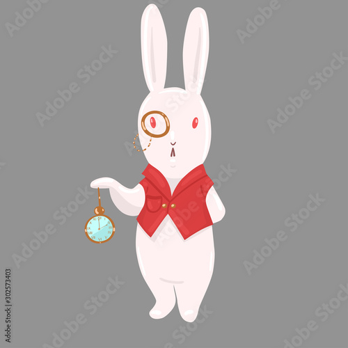 Rabbit in a vest with a pince-nez and with a clock. Vector graphics.