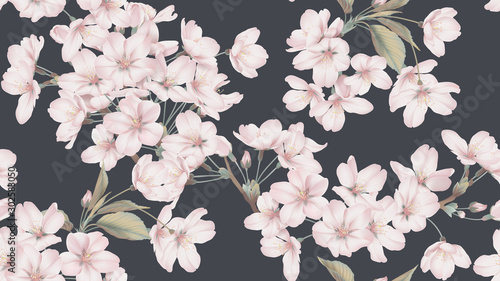 Floral seamless pattern, Somei Yoshino sakura flowers with branch and leaves on dark grey