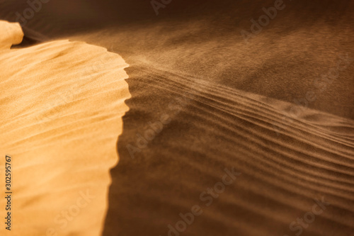Windswept desert sand dunes.