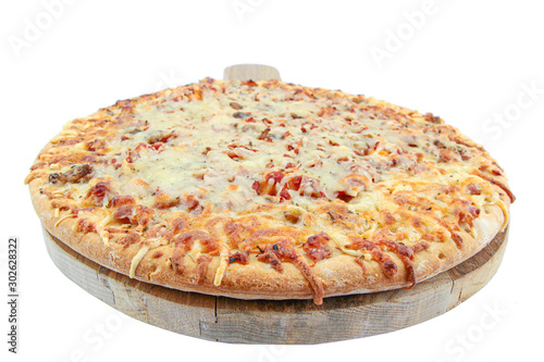 whole pizza with ham and mozzarella on a white background