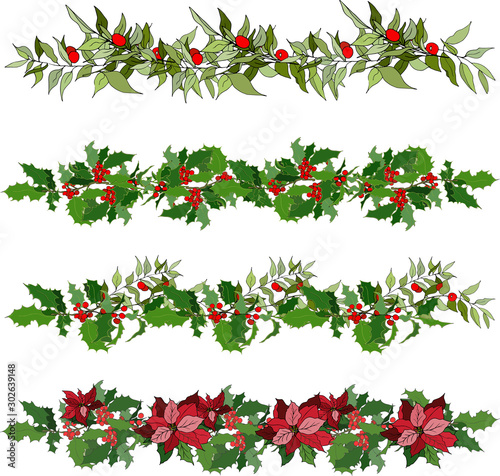 Set of Christmas ornaments from mistletoe, holly and poinsettia on a white background. Vector brushes for illustrator.