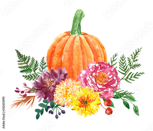 Watercolor decorative fall bouquet with orange pumpkin and flowers arrangement, isolated on white background. Holiday Thanksgiving day decor in rustic style. Hand painted illustration