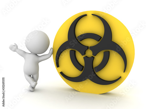 3D Character leaning on biohazard logo