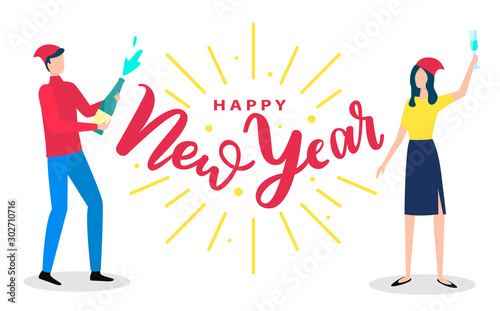 Friends having fun and greeting each other with winter holiday. Man standing with champagne bottle and woman with glass of alcohol. Red vector caption happy New Year on white background with people