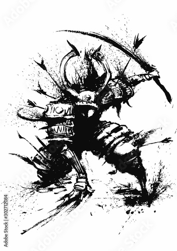 Samurai wounded arrows from all sides, fell to one knee, holding a sword, does not give up . 2D illustration