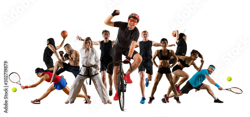 Sport collage. Cycling, running, fitness, bodybuilding, tennis, fighter and basketball players