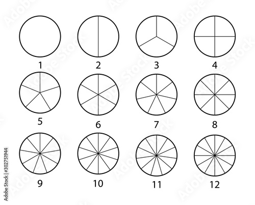 Fraction mathematics. Circle segments set. Black thin outline graphics