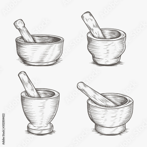 Mortar And Pestle Medical Pharmacy Hand Drawing Engraved