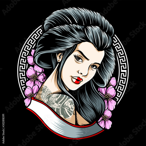 tattooed geisha with sakura vector