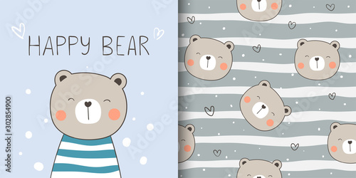 Greeting card and print pattern happy bear for fabric textiles kids.