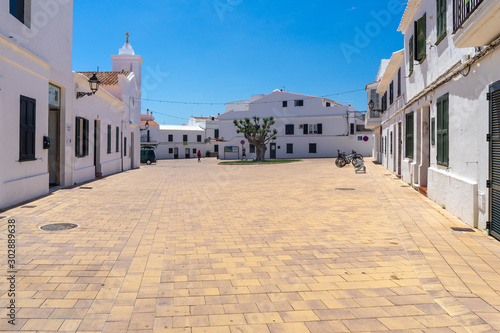 View of Traditional Spanish street in city of island Menorca