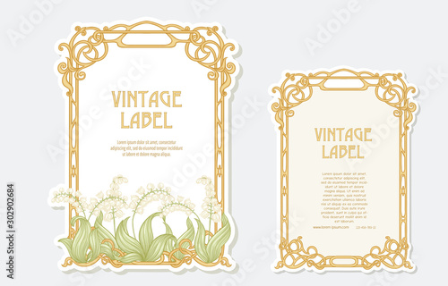 Lily of the valley. Set of 2 labels, decorative frames, borders. Good for product label. Vector illustration. In art nouveau style, vintage, old, retro style. Isolated on white background..