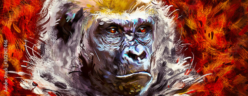 Beautiful portrait of a gorilla. Painted face of a gorilla on a vivid background. Oil paint style.
