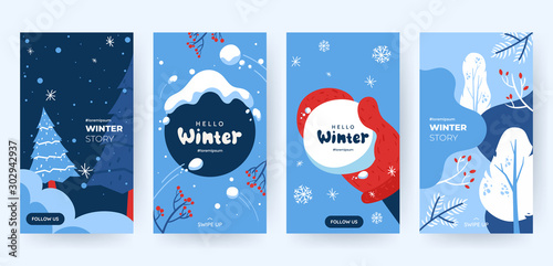 Set of abstract winter backgrounds for social media stories. Colorful winter banners with falling snowflakes, snowy trees. Wintry scenes . Use for event invitation, discount voucher, ad. Vector eps 10