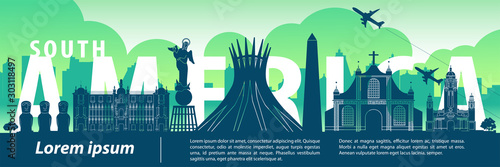 South america top famous landmark silhouette style,text within,travel and tourism,vector illustration