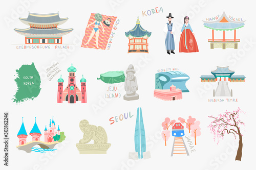 set of doodle flat vector illustration sights and attractions of south korea