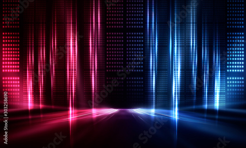 Background of an empty show scene. Empty dark abstract background. Glow of neon lights on an empty stage. Night view
