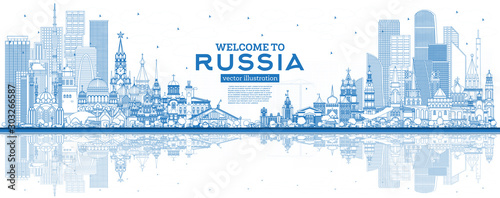 Outline Welcome to Russia Skyline with Blue Buildings.
